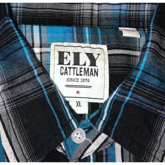ELY CATTLEMAN PEARL SNAP SHIRT SIZE XL ROCKABILLY BOHO COWBOY BLUE PLAID MENS - Picture 3 of 5